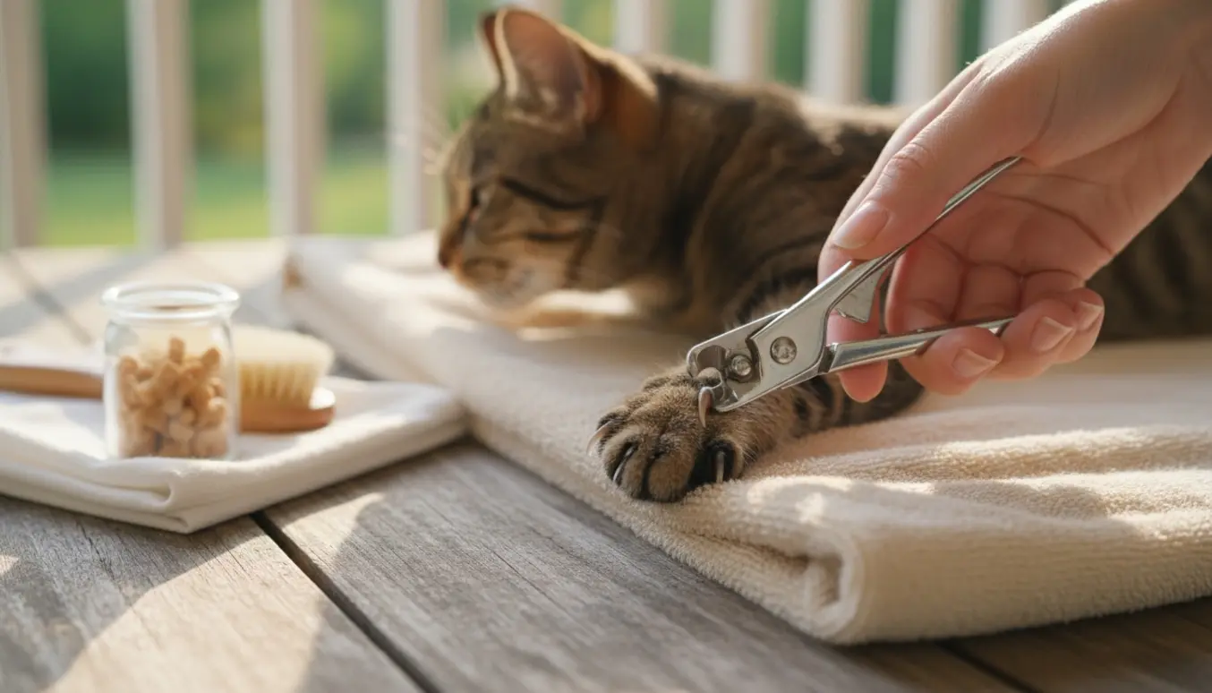 Nærbillede af hænder, der kærligt klipper kløer på en tam huskat på et træbord.