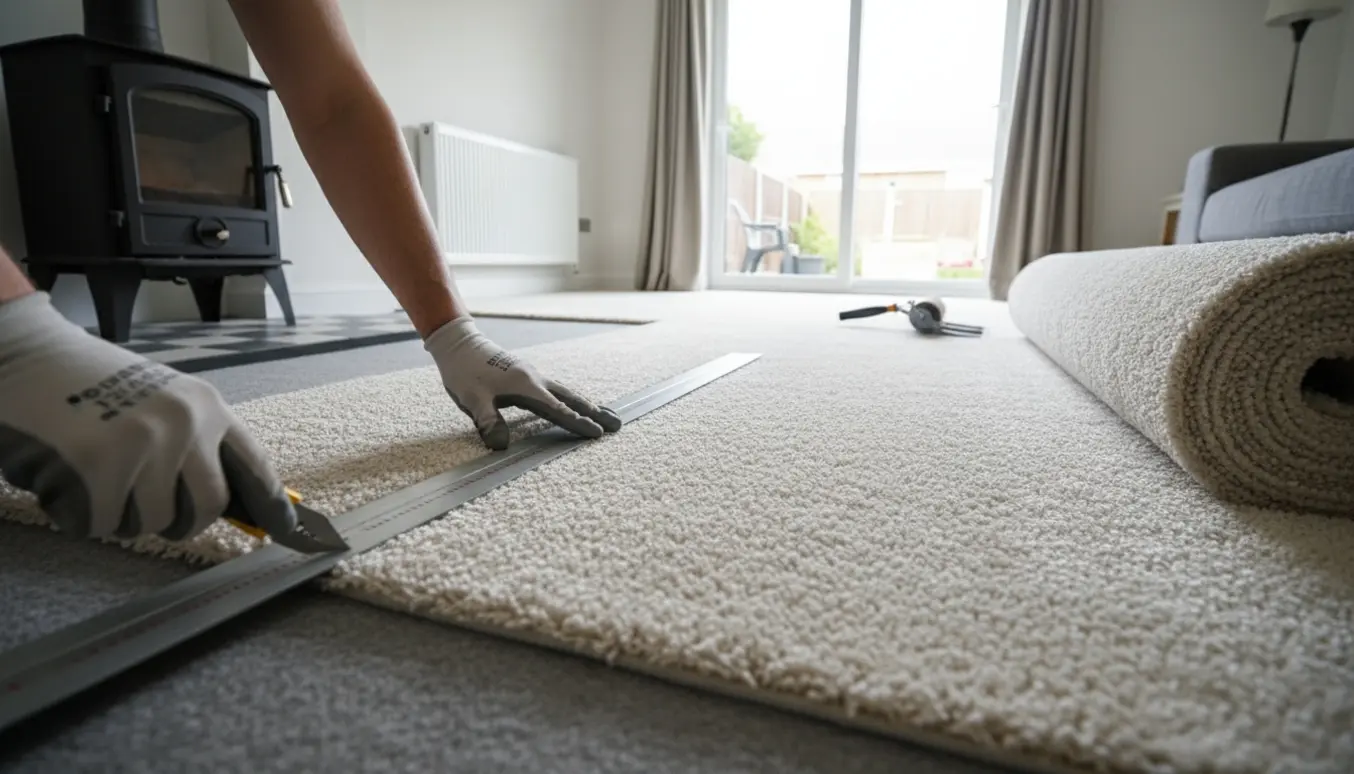 Blødt langhåret gulvtæppe skæres og tilpasses omkring brændeovn, radiator og terrassedør i en lys stue.