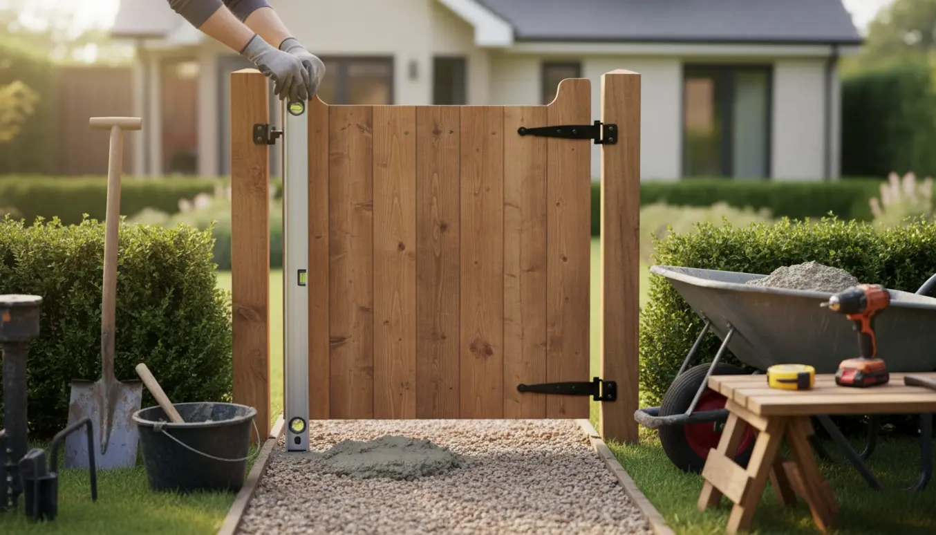 Håndværker monterer en havelåge over en havegang med værktøj og frisk støbt stolpe.