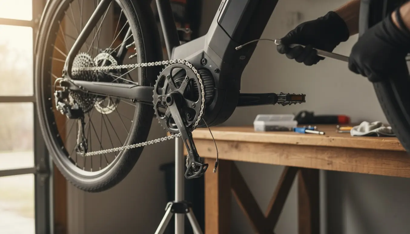 Nærbillede af en elladcykel med kæden hoppet af ved gearene, værktøj og hænder i en solbelyst garage.