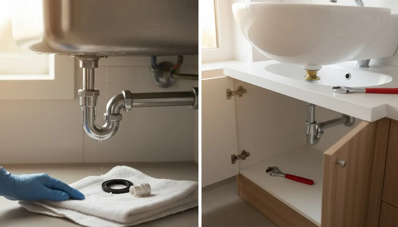 Under køkkenvask med løst afløbsrør og aqua-stop ved siden af, samt en løstsiddende håndvask i toiletskab med værktøj klar.