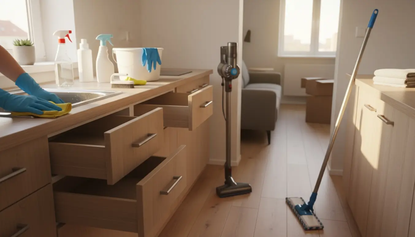 Dybdegående flytterengøring med åbne skabe, handsker og rengøringsudstyr i et lyst køkken.