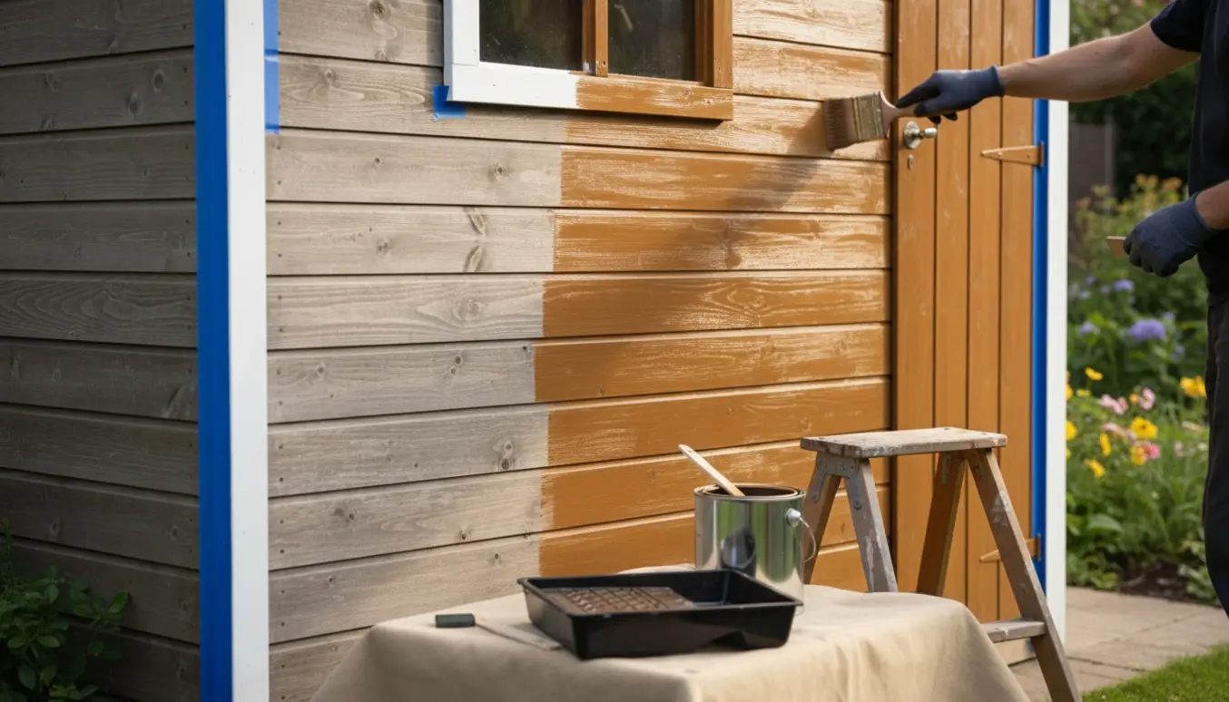 Hænder maler et træskur med halvt nymalet træ og værktøj i forgrunden.