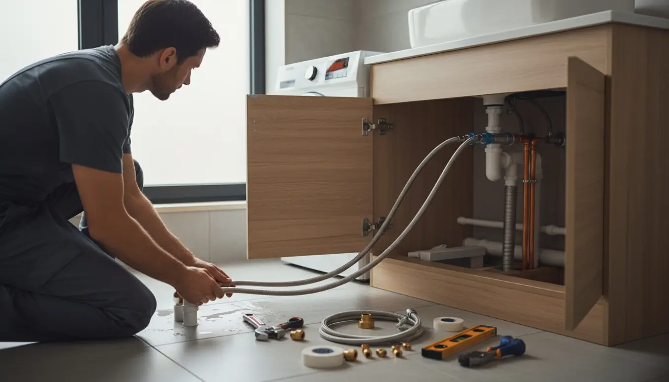 VVS-montør bagfra forbinder vand- og afløbsrør til en ny vaskemaskine i et lyst badeværelse.