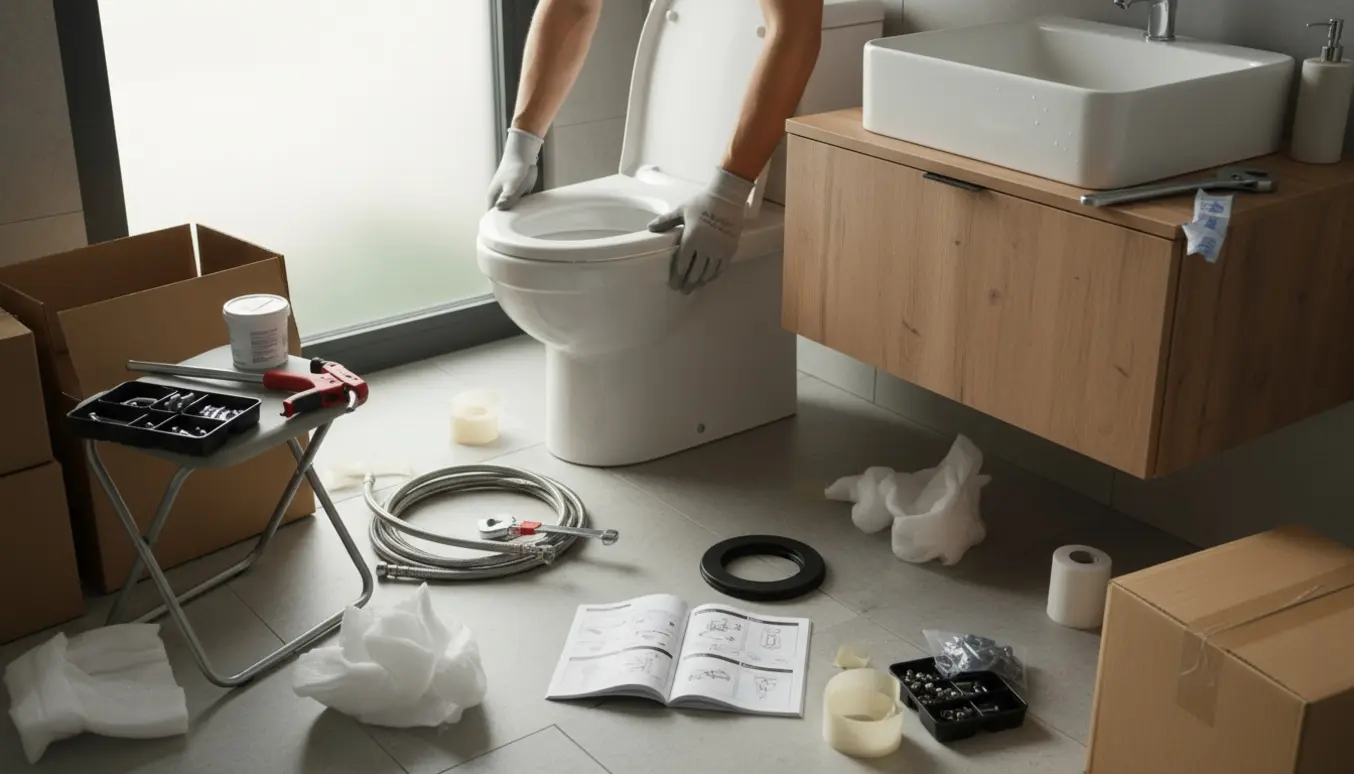Ny toilet og vaskekumme pakkes ud og installeres i et moderne badeværelse med værktøj og reservedele omkring.