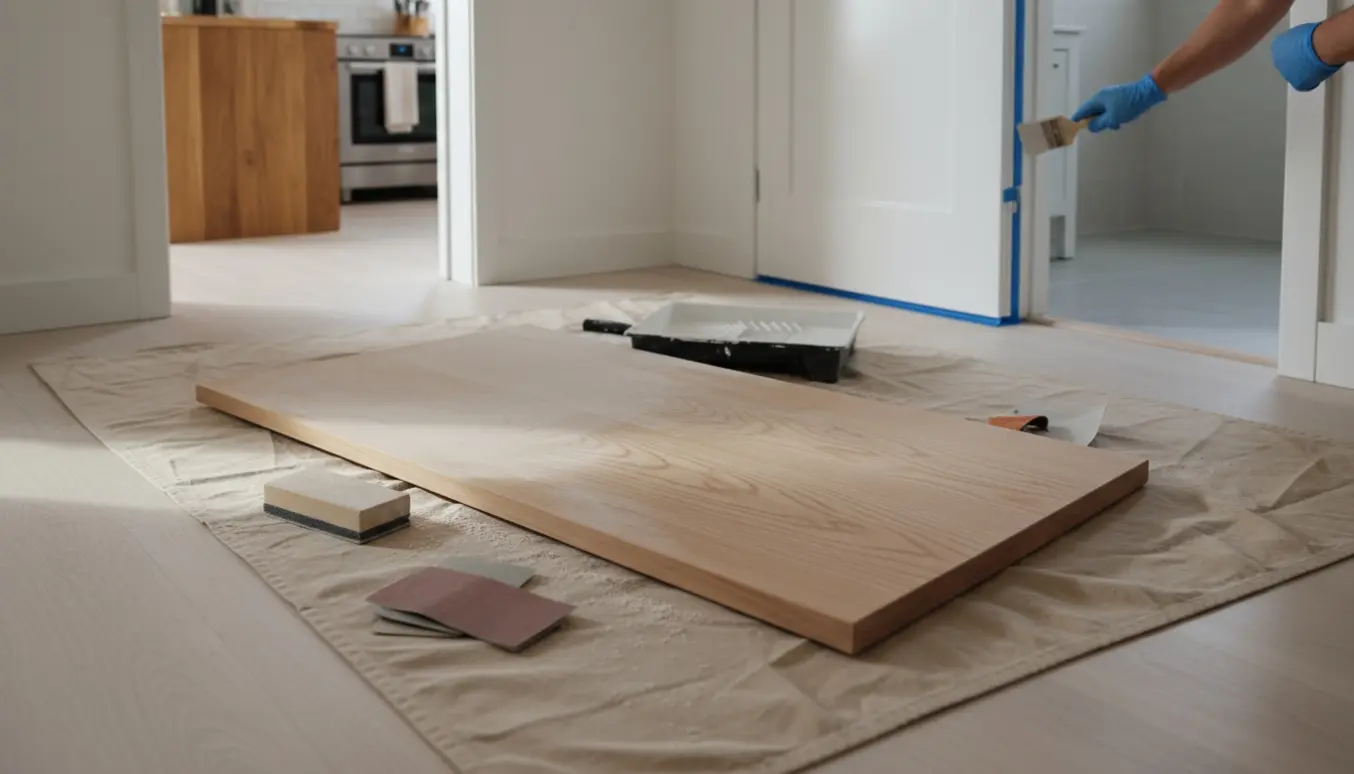 To indvendige døre og karme er under slibning og bliver malet hvide i et lyst gangareal.