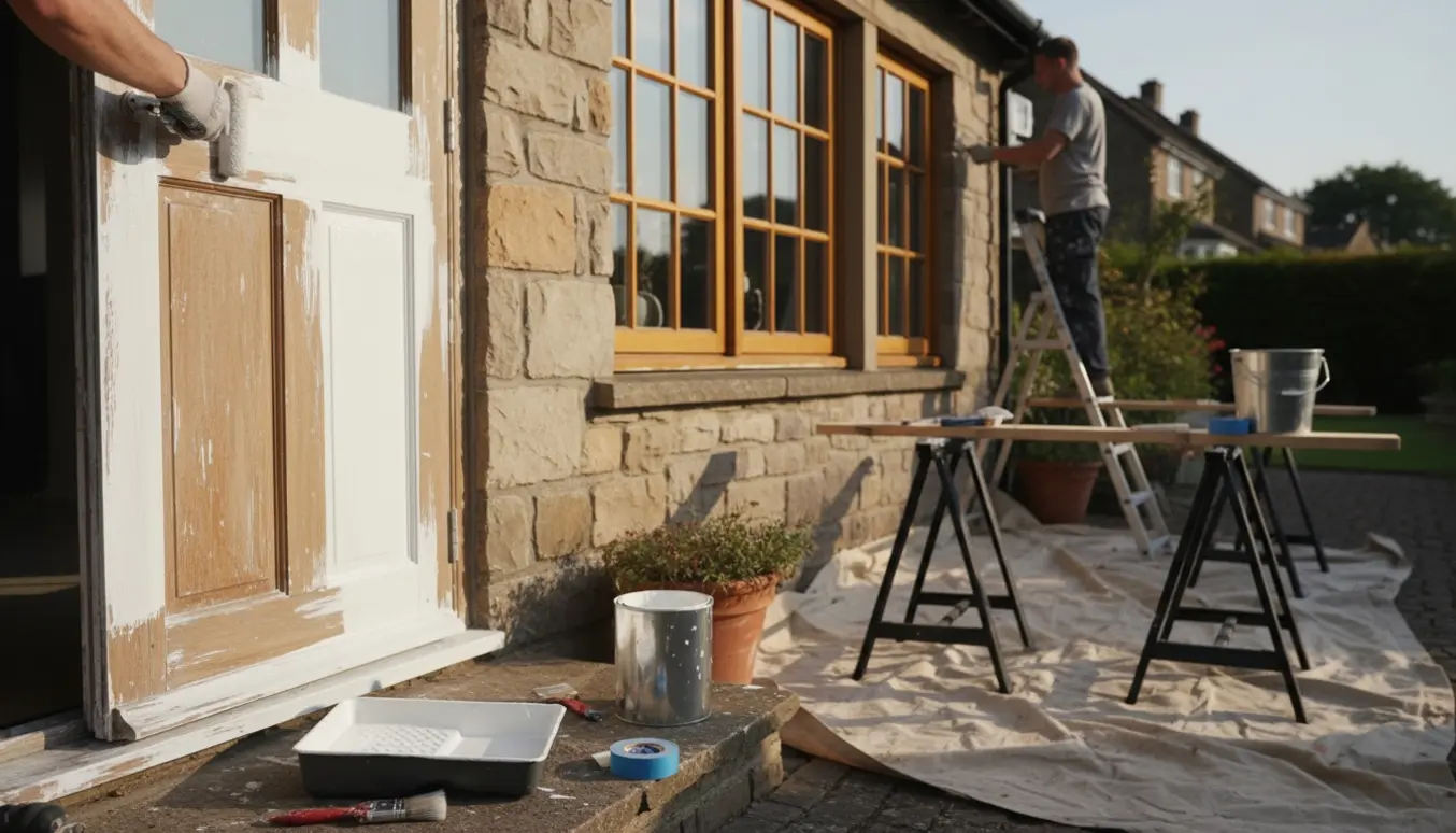 Hænder maler hoveddøren udvendigt, mens tre vinduesrammer og sålbænke får frisk maling og malergrej ligger klar.