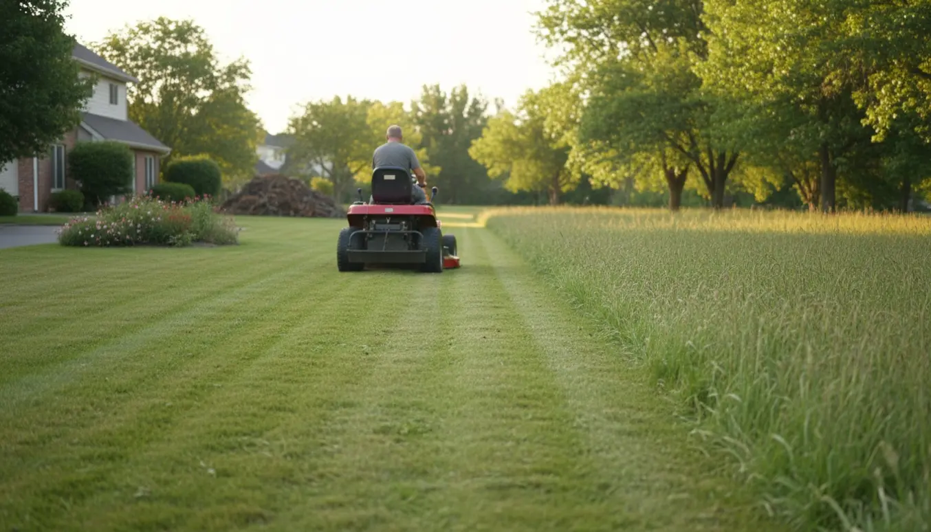 Ride-on græsslåmaskine laver nyklippet bane gennem højt, uplejet græs på en villagrund med træer og blomsterbed.