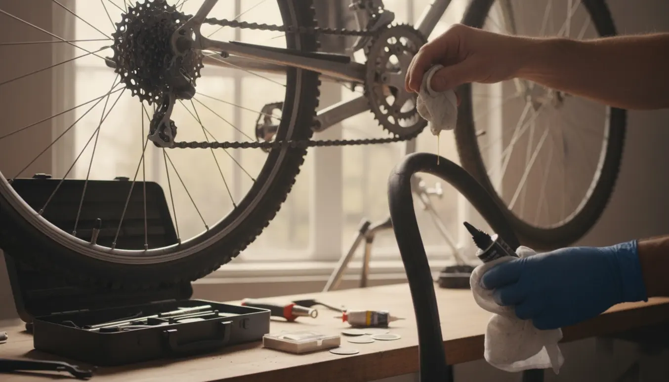 Hænder, der lapper en cykelslange og smører kæden i et lyst, ryddeligt værksted.