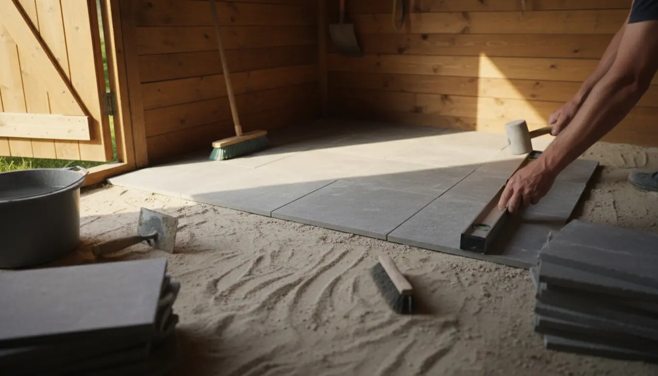 Delvist lagt flisegulv i et lille udendørs skur med bunker af fliser og værktøj på sandbund.