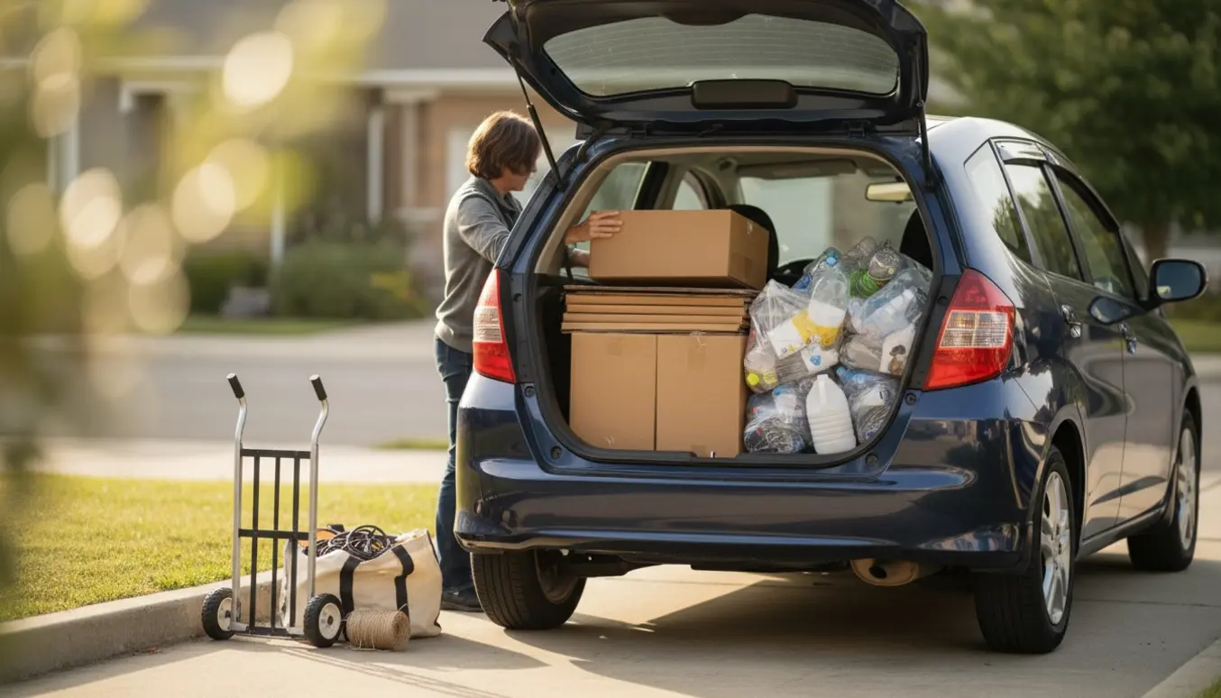 Bagklap på en lille bil fyldt med sammenpresset pap og klare plastikposer klar til genbrugspladsen.