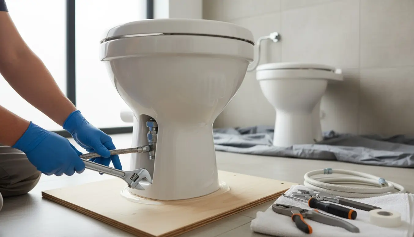 Nærbillede af montering af et nyt hvidt toilet med håndværker, der forbindes slange og fuge med silikone.