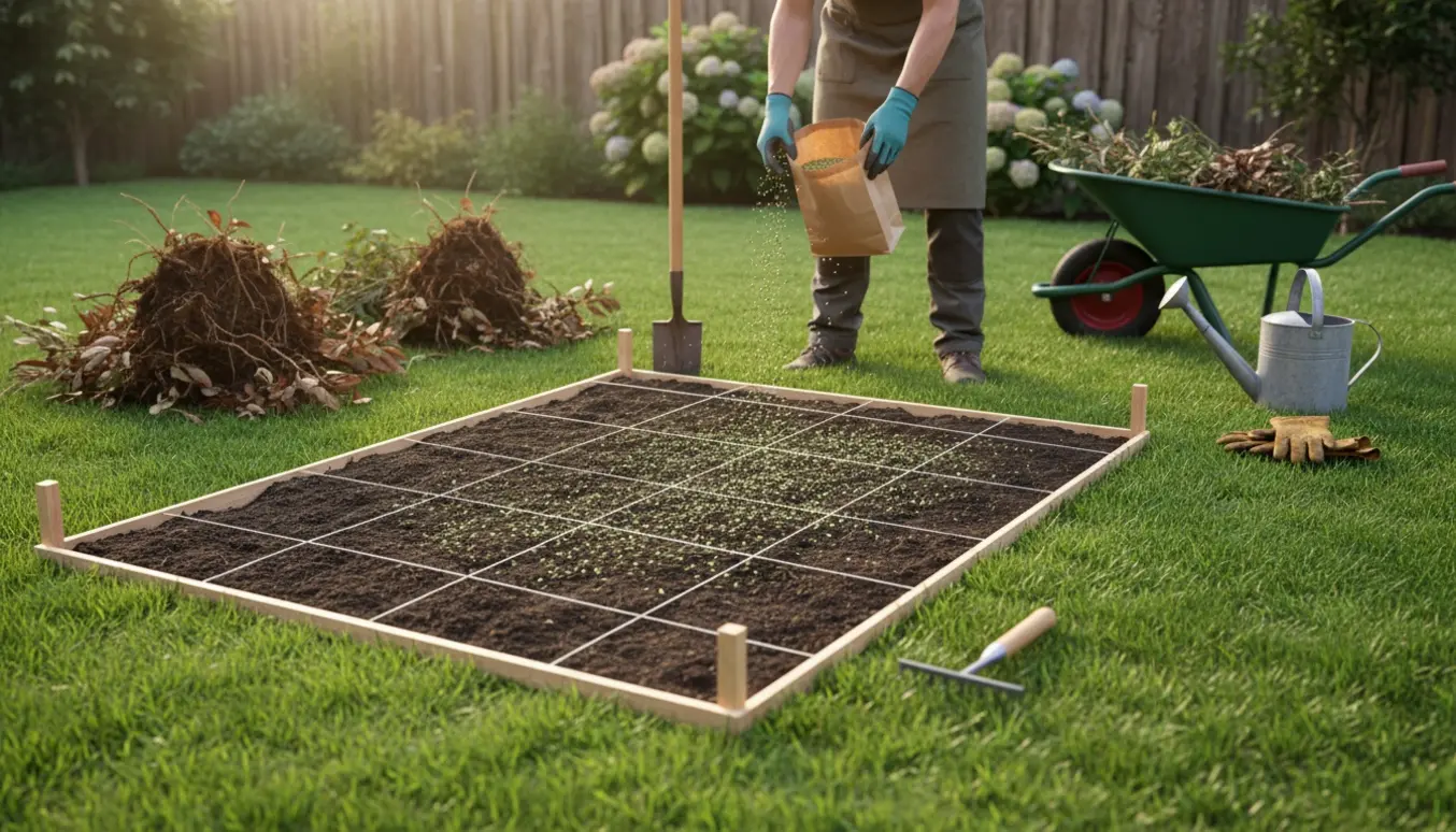 Nyopgravet bed på ca. 6 m² ved siden af en nysået græsplæne med haveredskaber og frøpose.