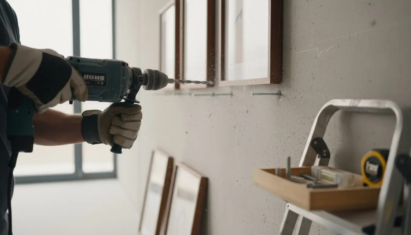 Nærbillede af en boremaskine, der borer i hård beton for at montere rawlplugs og hænge billedrammer op.
