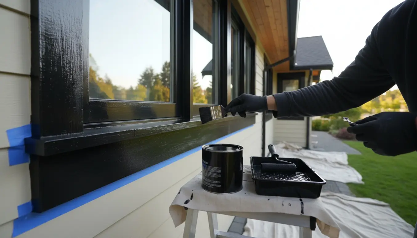Hænder maler udvendige vinduesrammer, sternbrædder og udhæng sorte med pensel og malerbøtte.