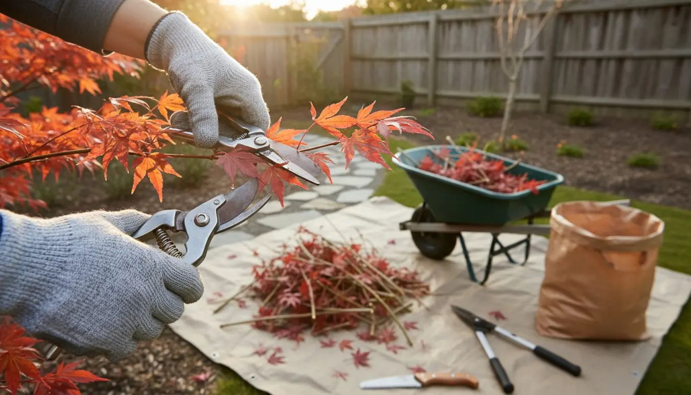 Nærbillede af beskæring af japansk ahorn med hænder i handsker, afskårne grene og en trillebør klar til bortskaffelse.