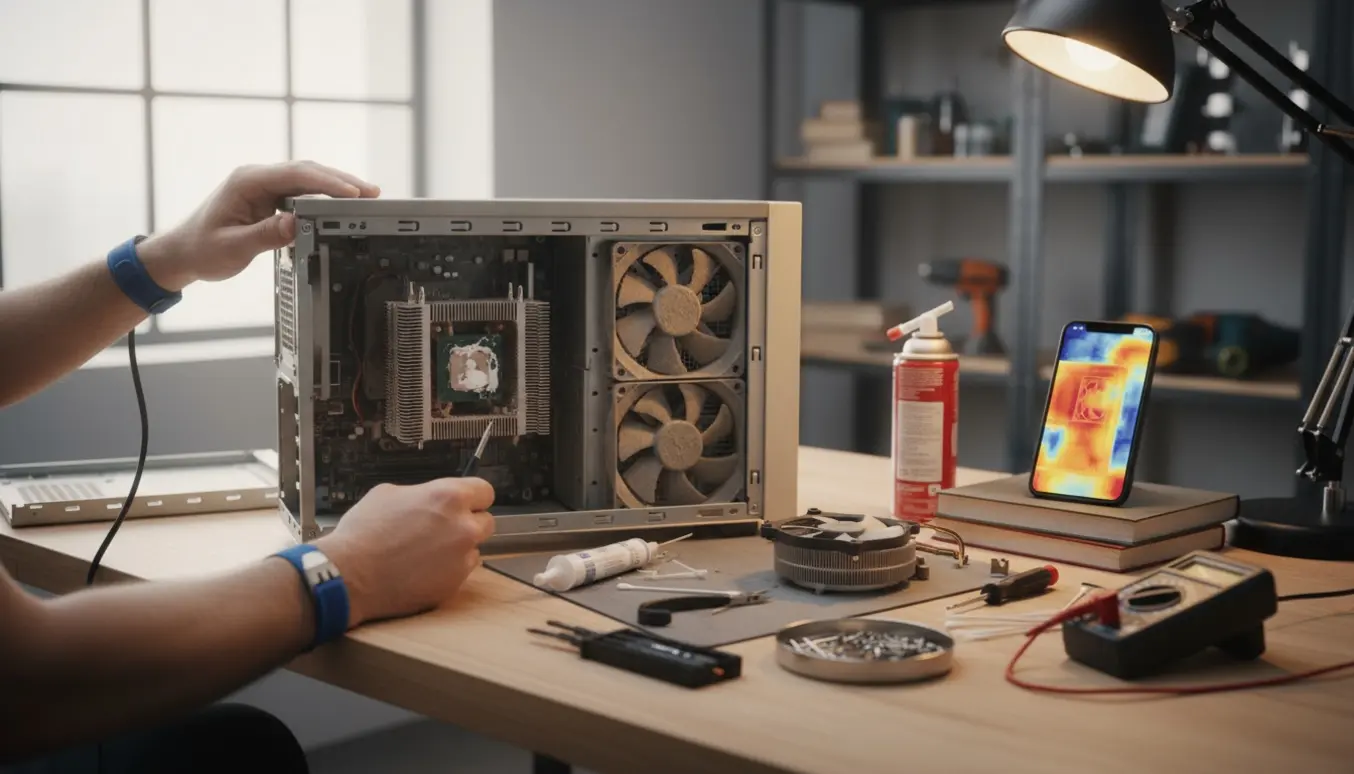 Åben stationær computer på værkstedsbord med støvede kølekomponenter, værktøj og hænder, der renser og skifter blæser.
