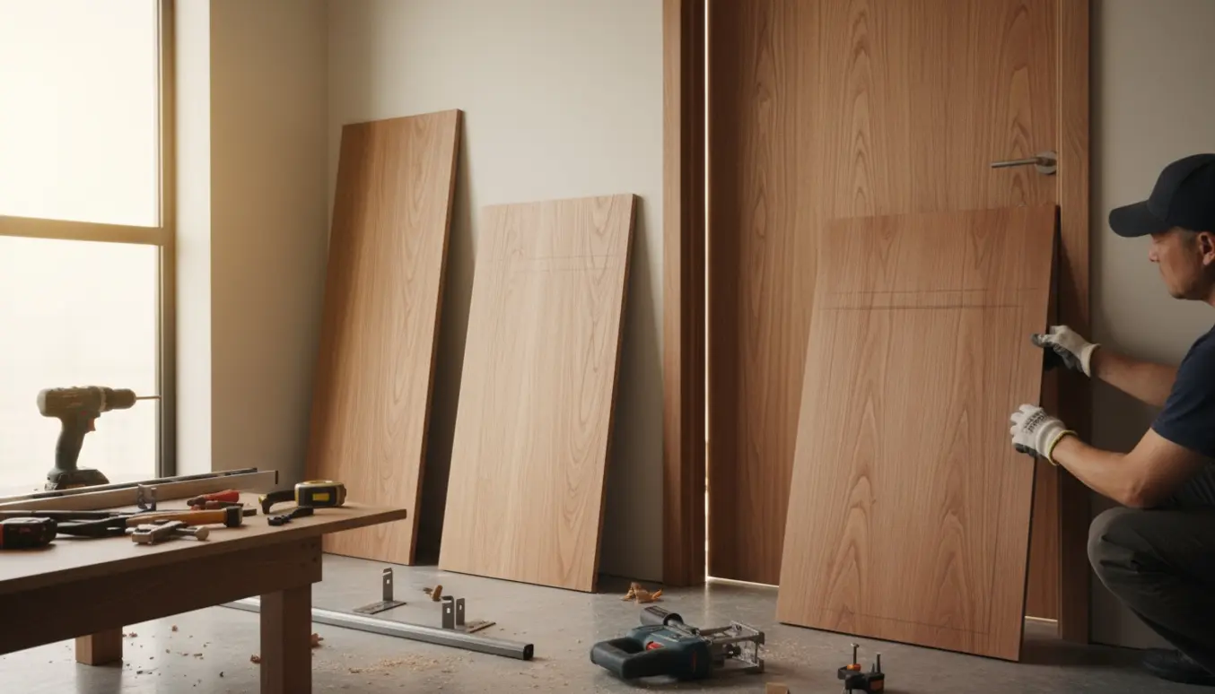 Nærbillede af gulv-til-loft paneler omkring en dør med værktøj, savsmuld og hyldeknægte klar til montering.