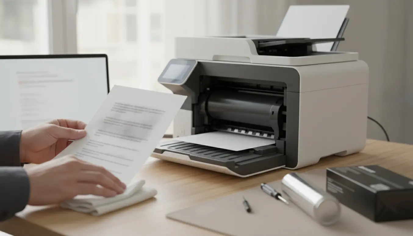 Utydeligt print på en kontorprinter med en hånd, der inspicerer siden og renseudstyr ved siden af.