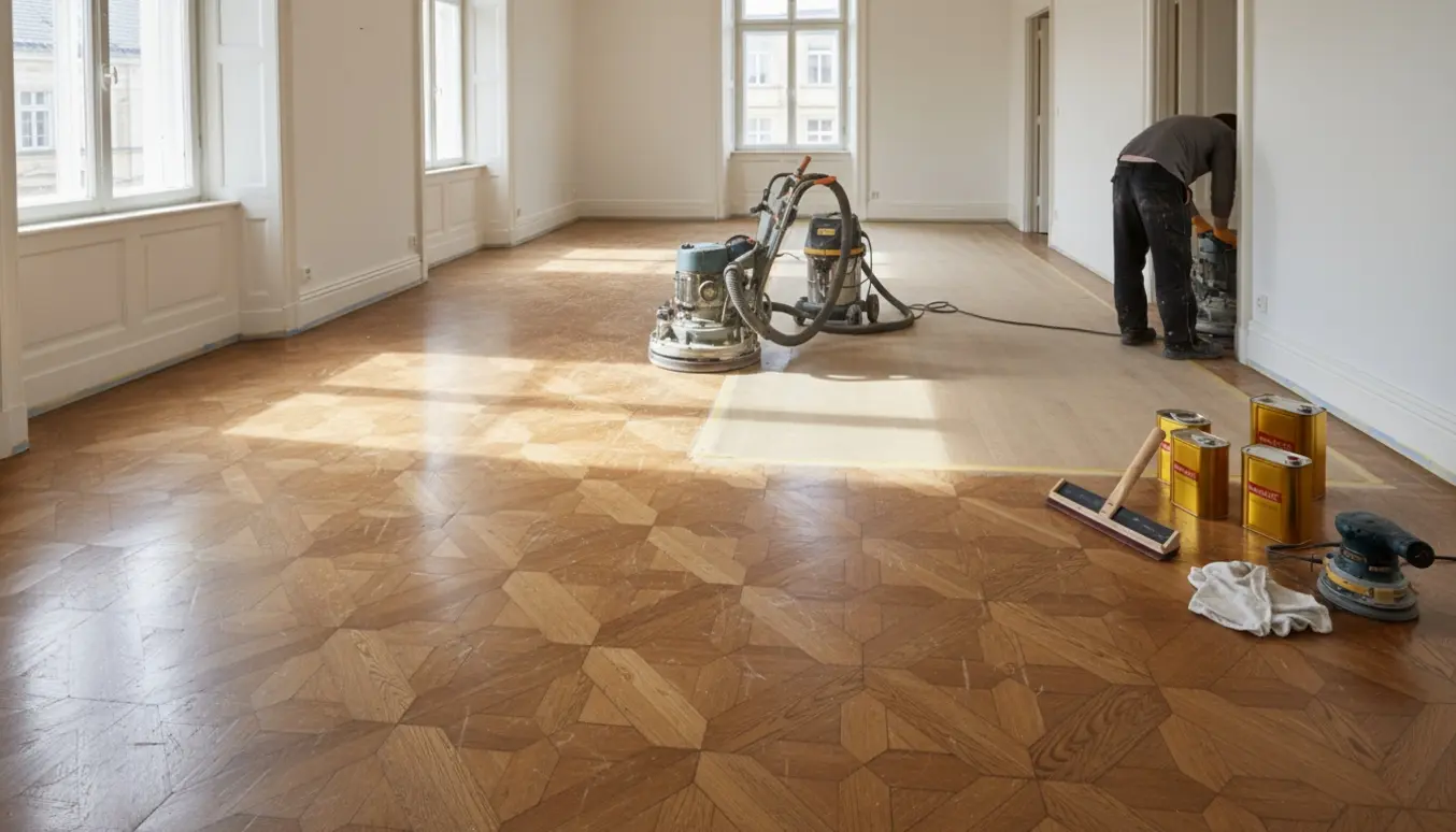 Stue og gang med mosaikparket delvist slebet, slibemaskine og olieudstyr klar til efterbehandling.