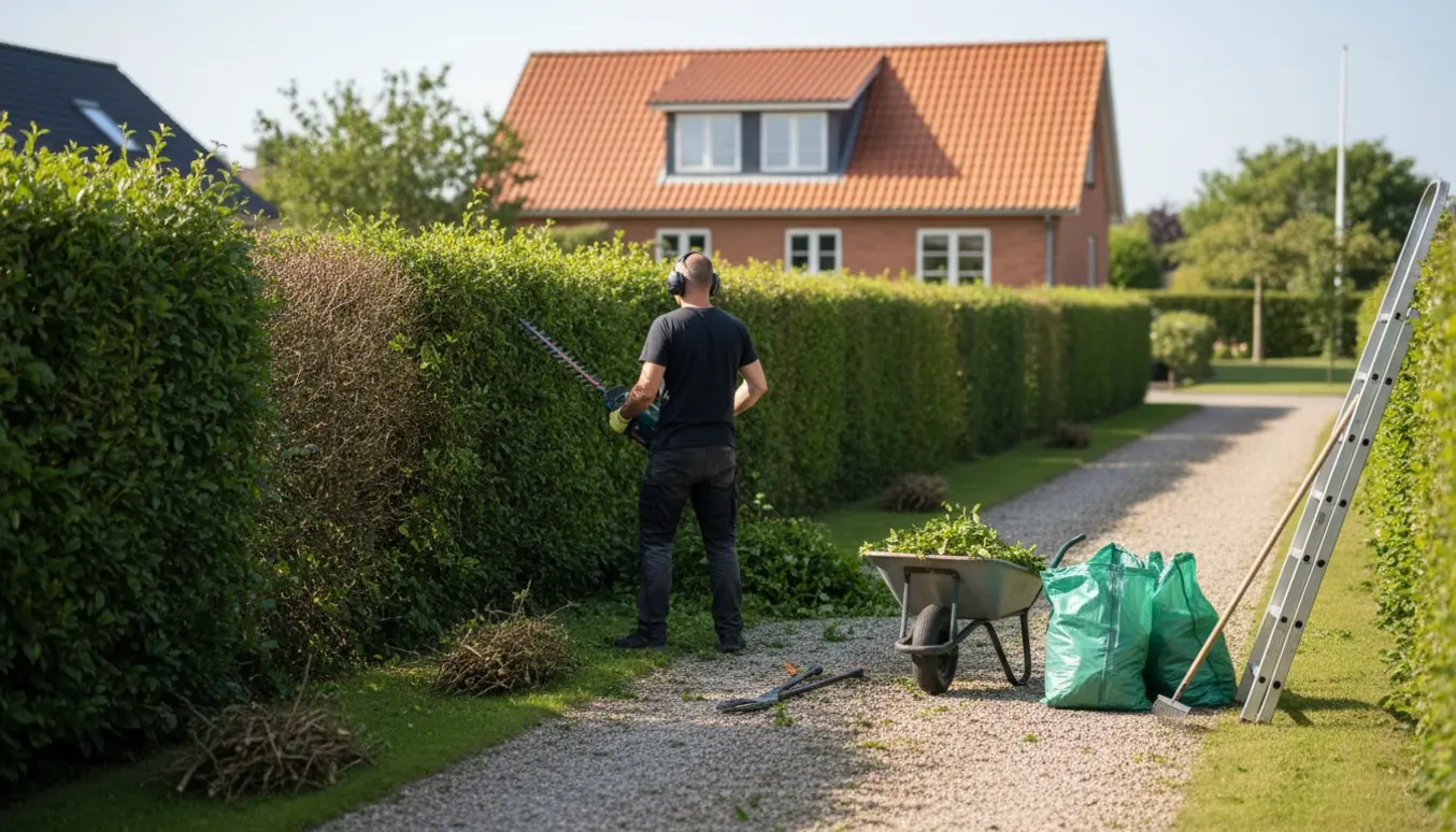Nytrimmet hæk ved en forhave med hækkeklipper, trillebør og grønne affaldssække klar til afhentning.