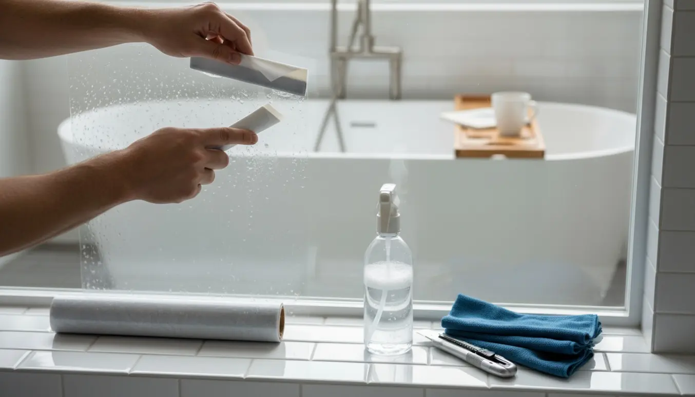 Hænder monterer privatlivsfolie på et badeværelsesvindue med sprøjteflaske og rive på vindueskarmen.