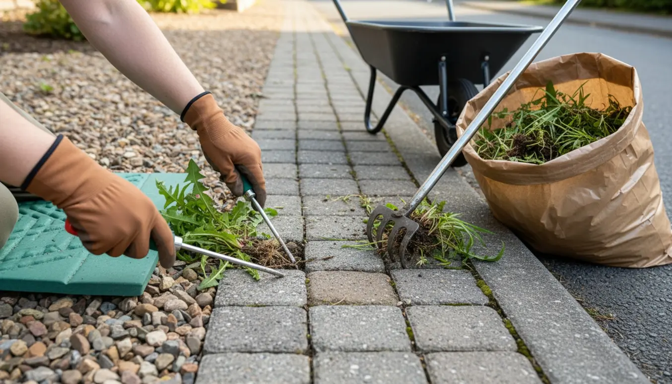 Hænder fjerner ukrudt mellem fliser og i stenbed ved en vejkant og lægger det i en kompostpose.