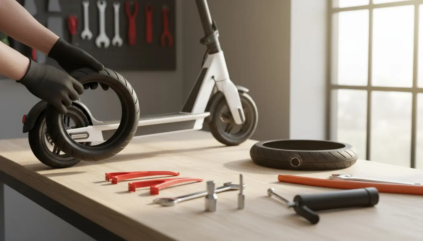 Frontdæk på et el-løbehjul skiftes til et punkterfrit dæk i en lys garage.