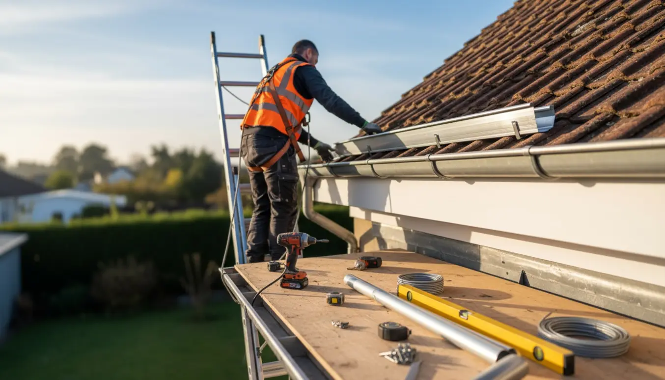 En arbejder på stige monterer en ny aluminiums-tagrende ved husets tag, med værktøj og materialer i fokus.
