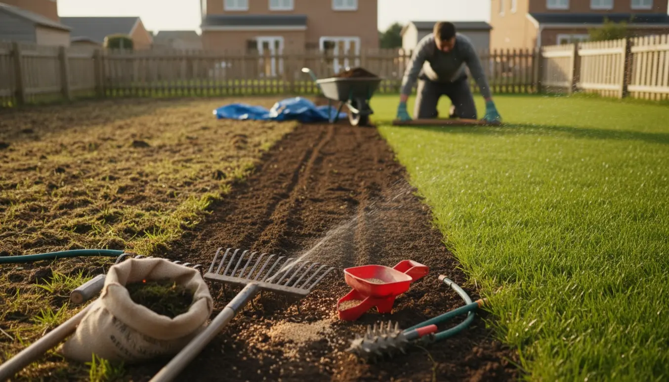 Græsplæne under renovering med værktøj, ny såjord og frisk sået plæne i en baghave.