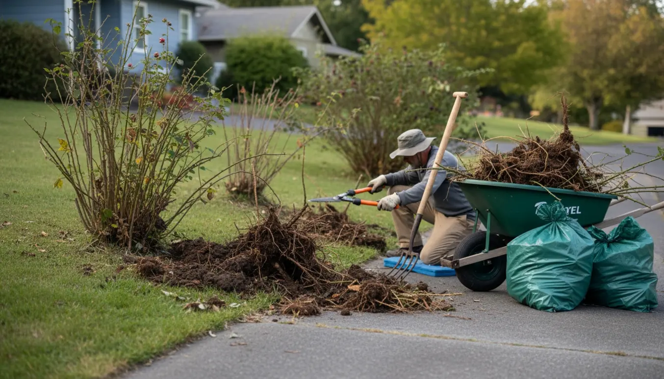 Fjernelse af brombær og ukrudt på en skråning ved indkørsel med haveredskaber og affald placeret på grunden.