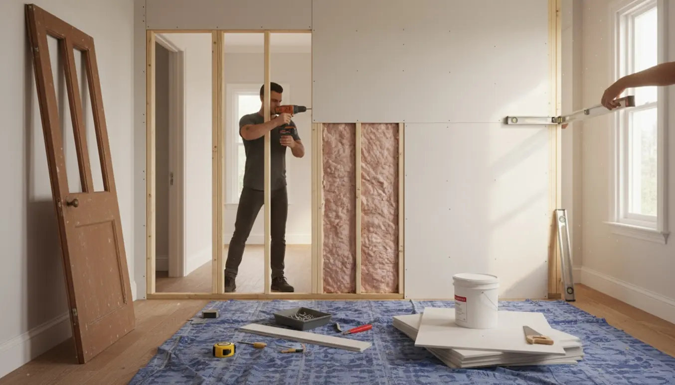 Håndværker bygger en væg i en tidligere døråbning med gipsplader og værktøj ved siden af.