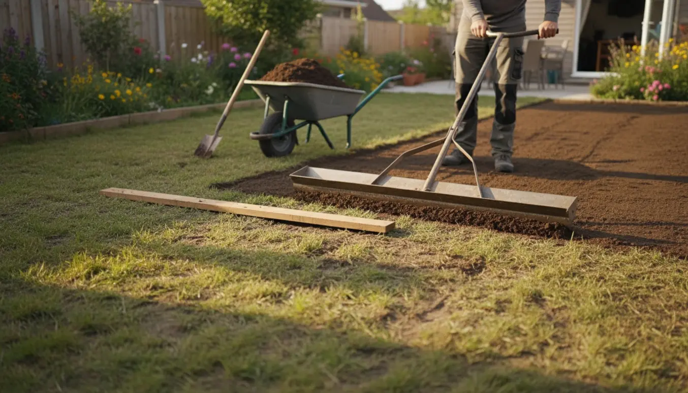 En haveejer glatter en lille, ujævn græsplæne med rive og topdressing i blødt eftermiddagslys.