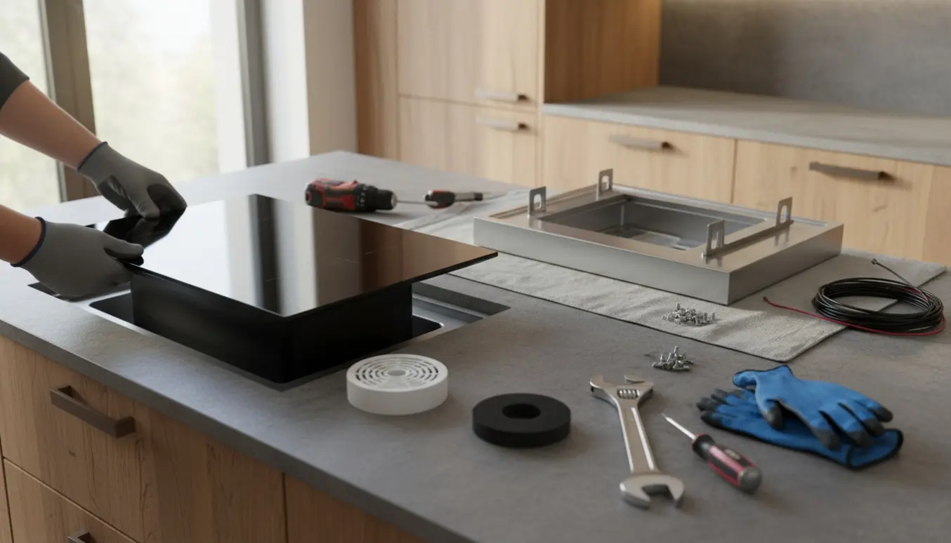 Installatør sænker en indbygget kogeplade med indbygget emfang ned i en køkkenbordplade, med den afmonterede emhætte og værktøj ved siden af.