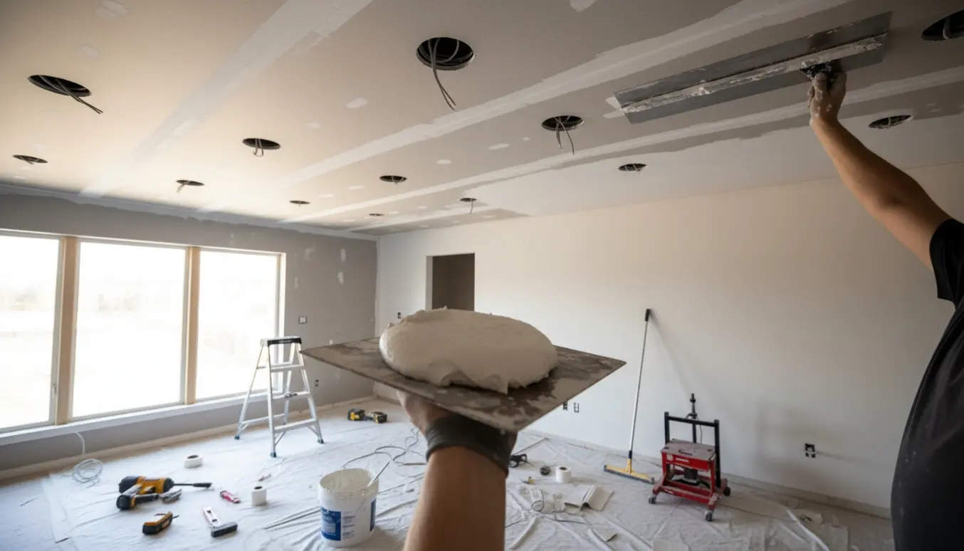 Delvist færdigt gipsloft med spartling, nymalet område og otte udskæringer til bevarede lampeudtag.