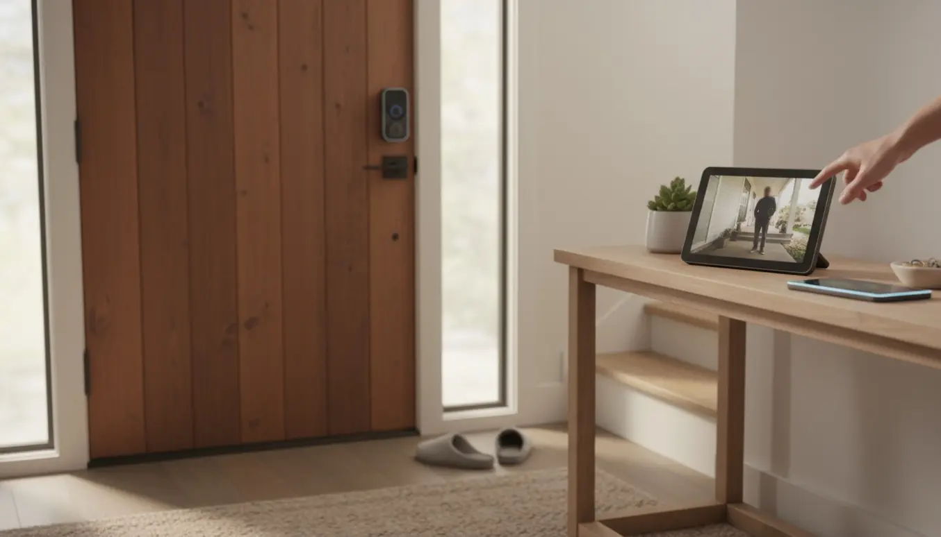 Smart dørklokke ved døren og et smart display indendørs viser en sløret besøgende på trappen.