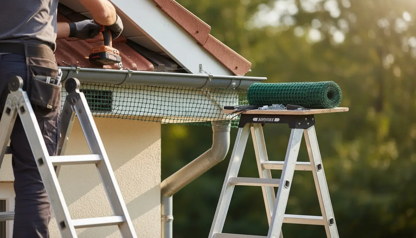 Montør monterer fuglenet ved tagrenden fra en stige og fastgør nettet med clips og skruemaskine.