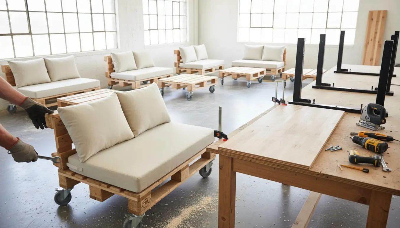 Værksted med pallesofaer, borde på hjul og håndværkere, der monterer bordplader af genbrugt gymnastikgulv på hæve-sænke ben.