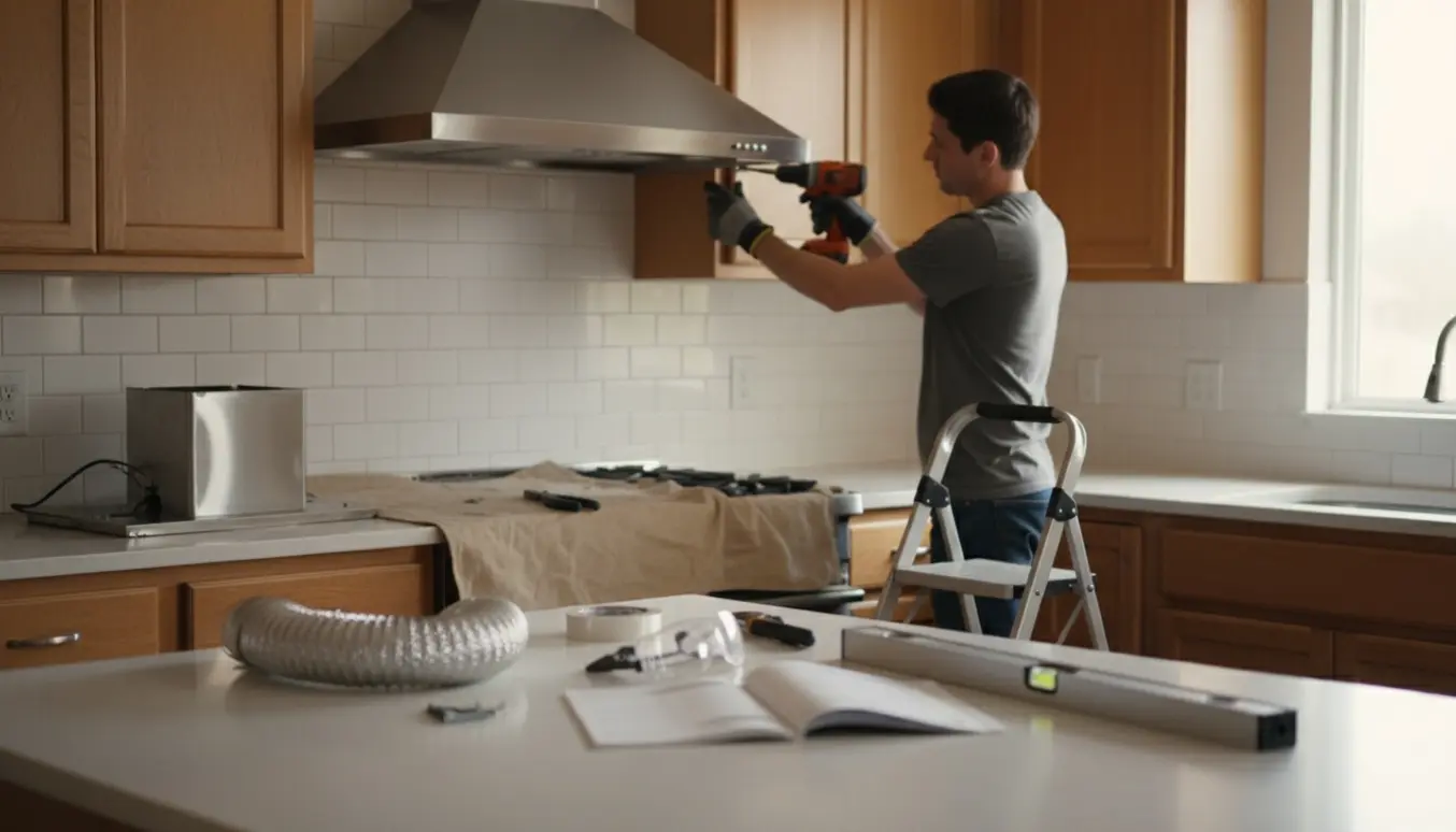 Ny rustfri emhætte bliver installeret i et køkken, med hænder og værktøj synlige men ingen tydelige ansigter.