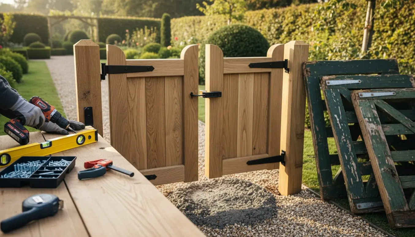 Nye træ havelåger og stolper monteres i en have med værktøj og hænder i arbejde.