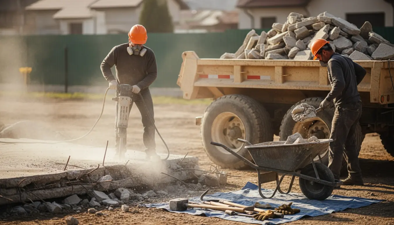 Arbejder knuser og læsser et betonfundament i en stor trailer med en kraftig borhammer.