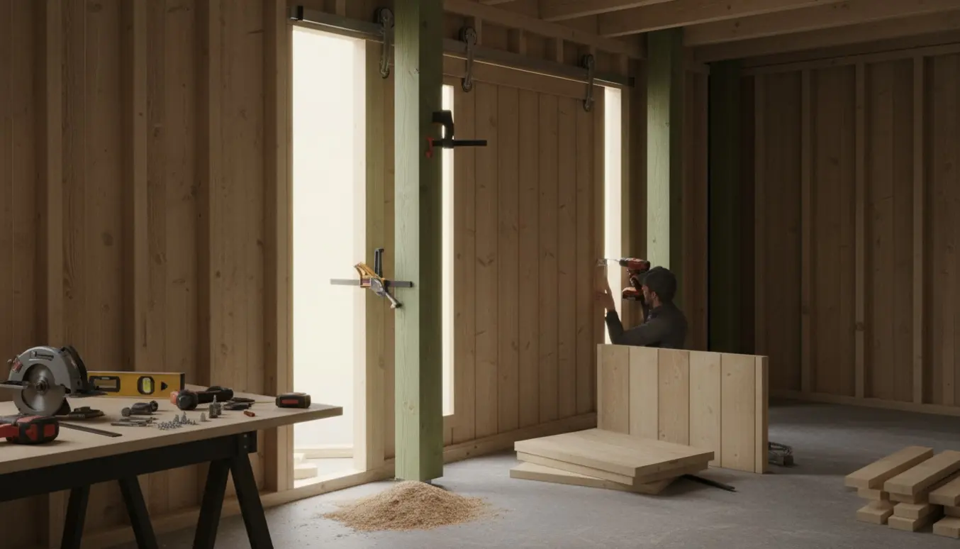 Skurudvidelse i træcarport med fjernet væg, ny trykimprægneret stolpe og montering af skydedør.