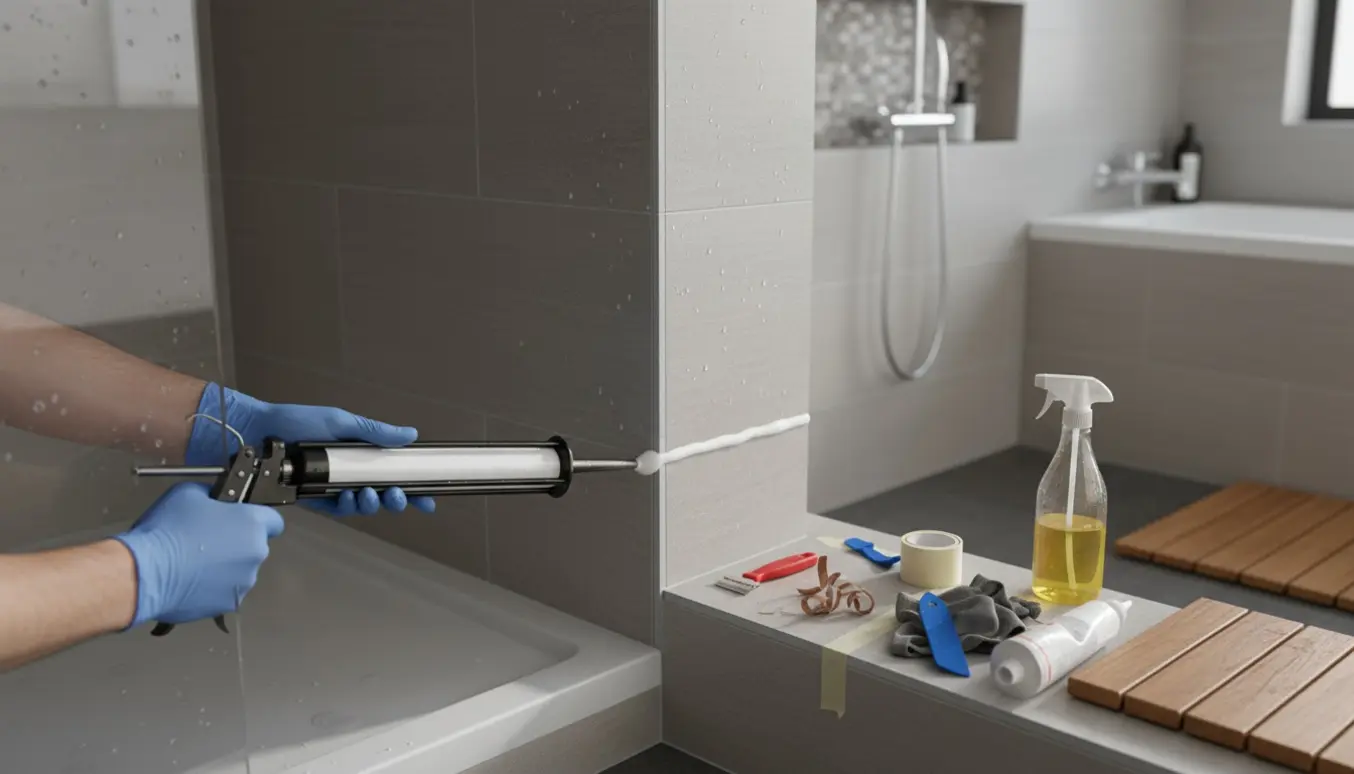 Nærbillede af handsker, som påfører ny silikonefuge i en brusekabine med fugepistol og glatteværktøj.