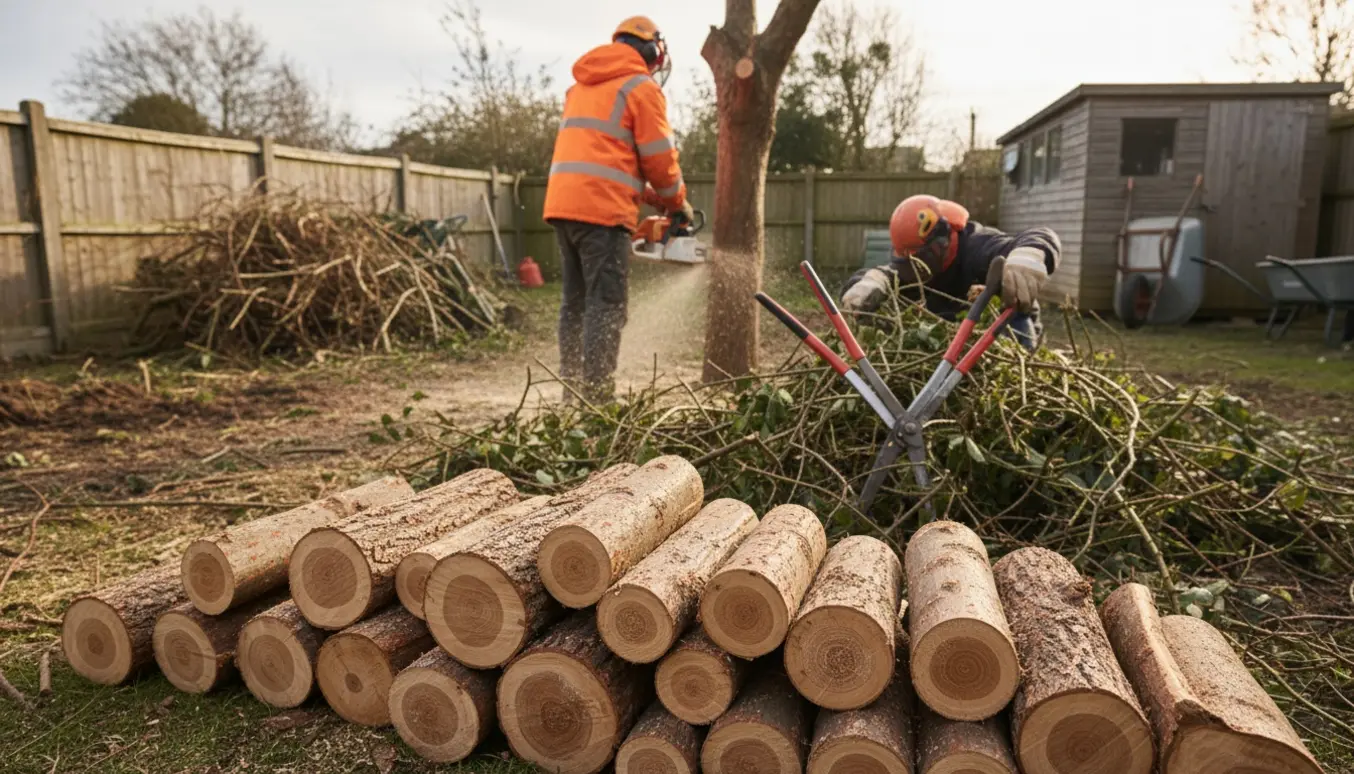 Havearbejde med rydning af brombærkrat, nedsavede stammer stablet som små stykker og en bunke grene i baghaven.