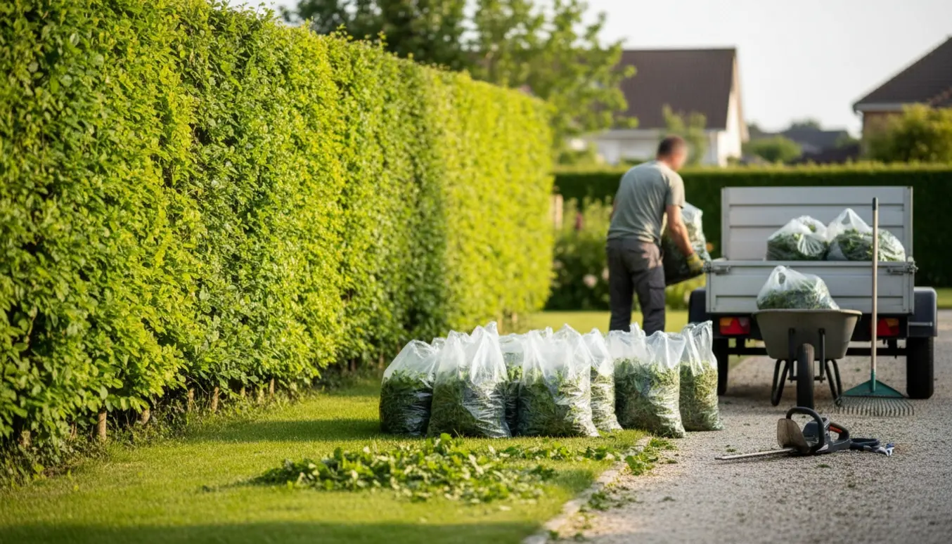 Nyklippet bøgehæk med klare affaldssække og trailer klar til bortkørsel, arbejderen ses bagfra.
