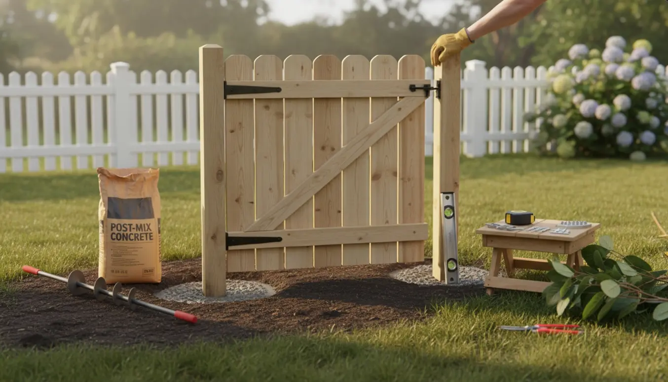 Montering af en træhavelåge mellem to stolper ved en hæk med pælebor og stolpebeton.