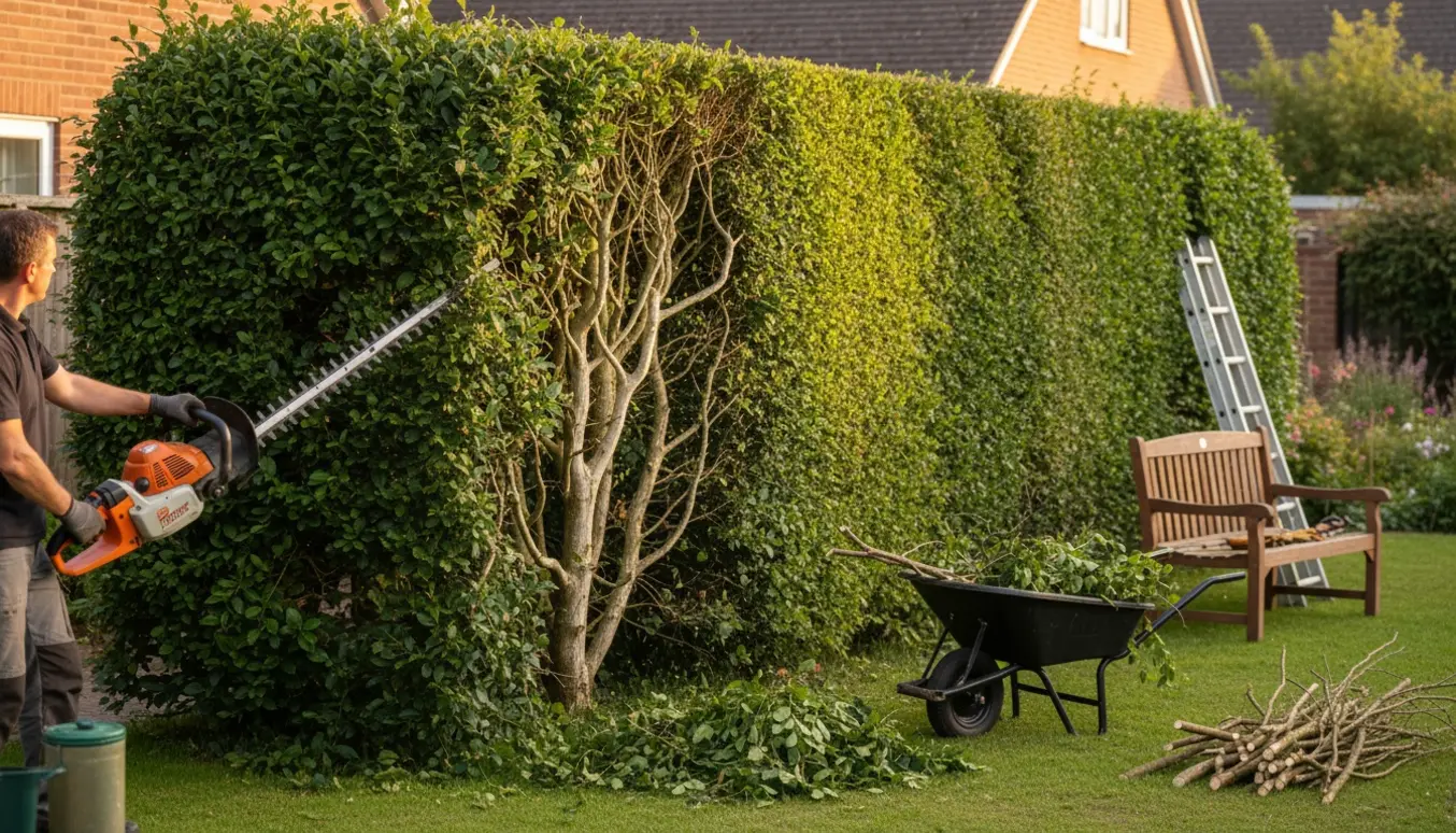 Hækkeklipper skærer en bred bøgehæk tilbage med afskårne grene samlet i haven.