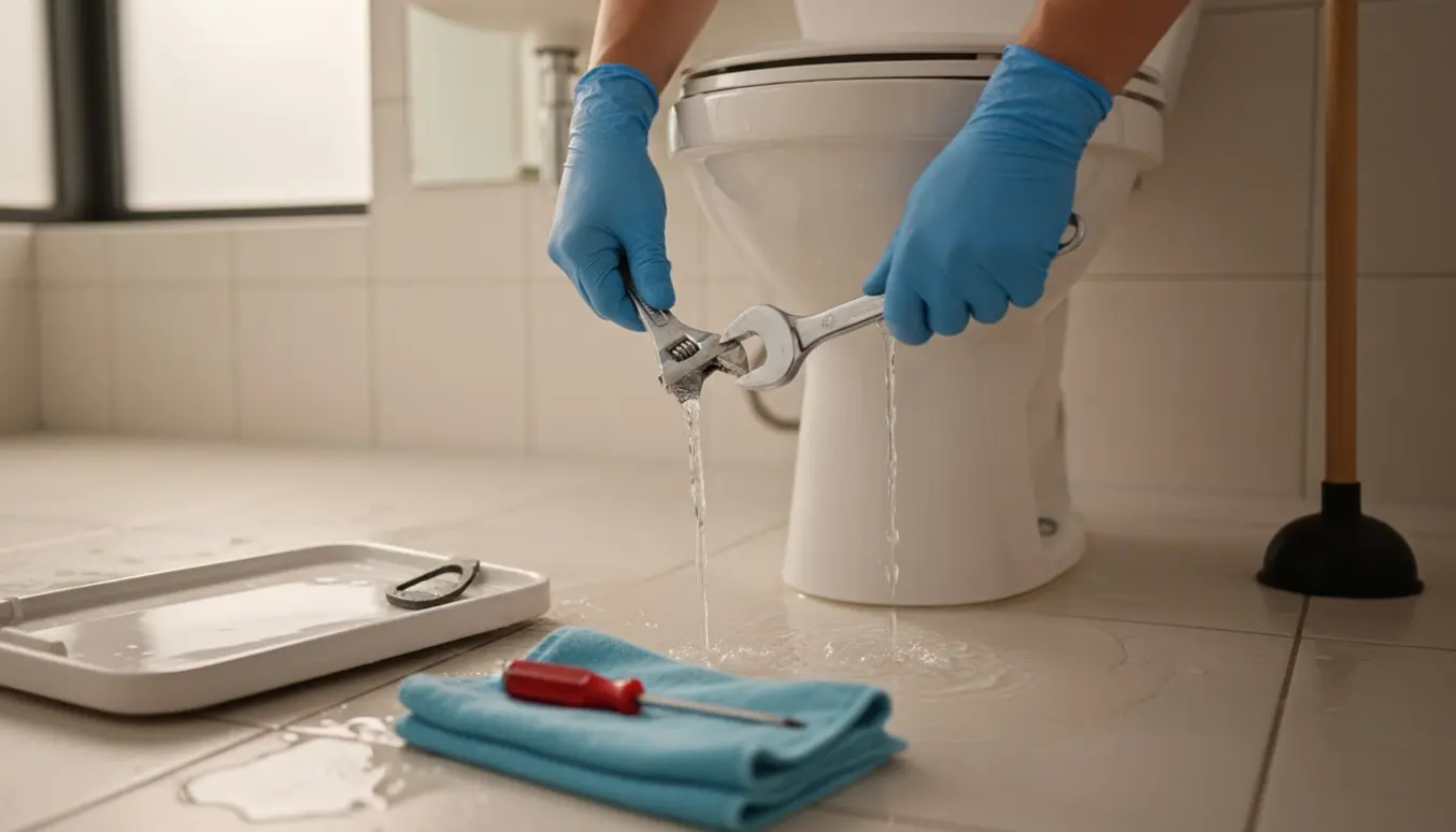Nærbillede af et løbende toilet med åben cisterne, vandstrøm og værktøj på flisegulvet.