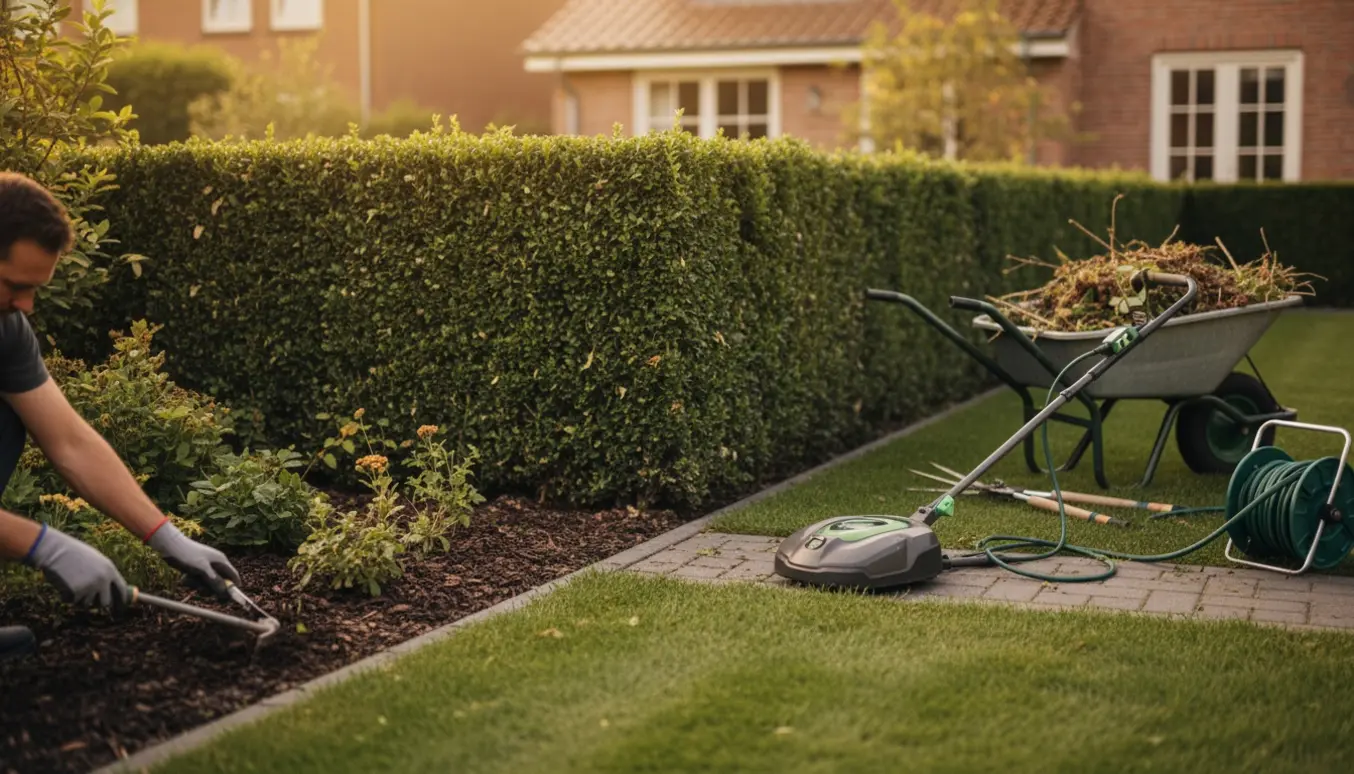 Havearbejde med ordnede bede, kanttrimning, klippede hække, robotplæneklipper og en trillebør med haveaffald.