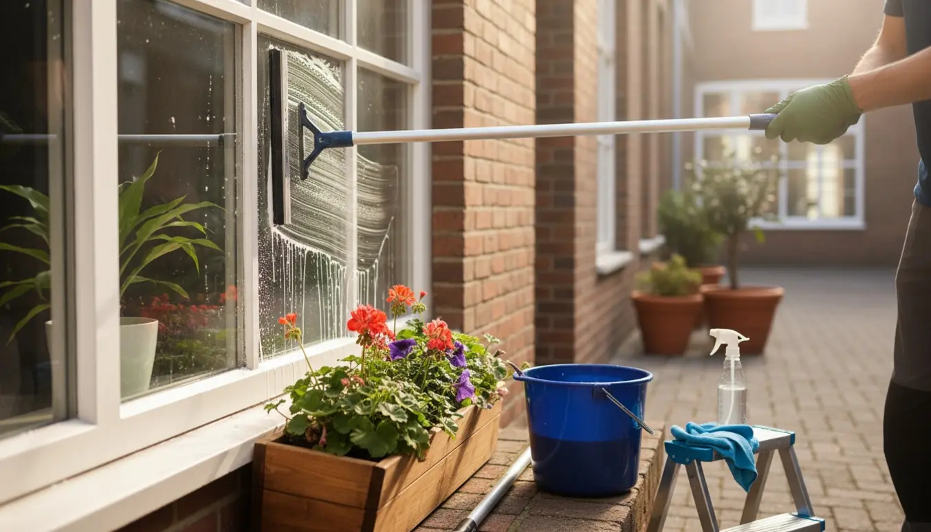 Udvendig vinduespudsning ved en stuelejligheds vindue med vindueskraber, spand og klud i forgrunden.